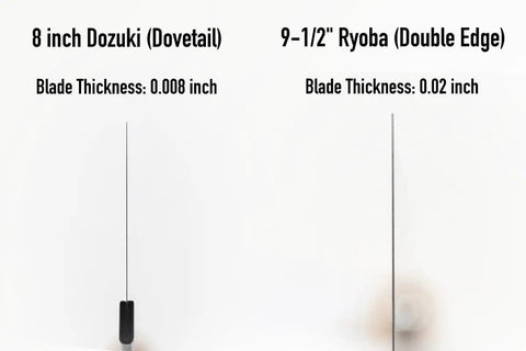 Dozuki Dovetail Pull Saw 8 Inch Ultra Thin 0.008 Inch Blade next to Ryoba 9-1/2 Inch Double Edge Saw, comparisons of blade thickness.