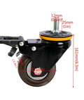 Heavy Duty Rubber Swivel Caster Wheels With Parking Brake, 125 Mm Furniture Rollers, 360 Degree Ball Bearing, 830 Lbs Load, Anti Wrap Dust Shield For Chairs And Carts Rolling Smooth As Silk, side view with detailed measurements.