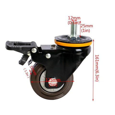 Heavy Duty Rubber Swivel Caster Wheels With Parking Brake, 125 Mm Furniture Rollers, 360 Degree Ball Bearing, 830 Lbs Load, Anti Wrap Dust Shield For Chairs And Carts Rolling Smooth As Silk, side view with detailed measurements.