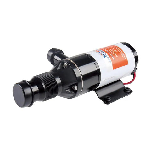 12V Macerator Pump For Boats, RVs, And Yachts - 12 GPM Open Flow, Self Priming, Anti-Clog, Run-Dry, black cylindrical pump