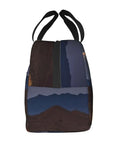 Side view of Desert Camping Print Go To Insulated Lunch Tote For Work Picnic Or Travel Reusable Oxford Cloth Lunch Box.