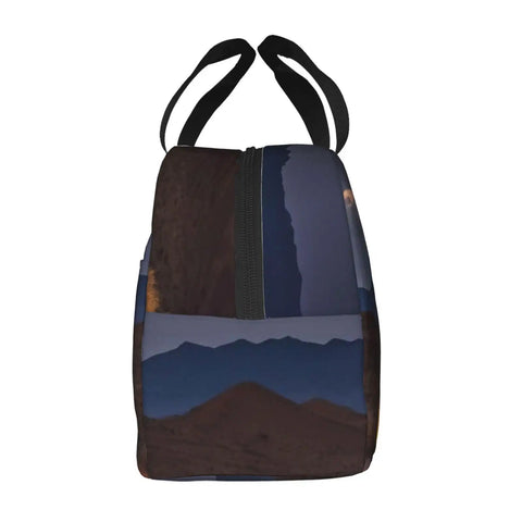 Side view of Desert Camping Print Go To Insulated Lunch Tote For Work Picnic Or Travel Reusable Oxford Cloth Lunch Box.