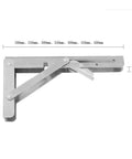Heavy Duty Stainless Steel Shelf Brackets 2 Pack Bright Silver Folding Wall Mounts angled view with dimensions.