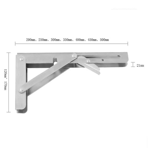 Heavy Duty Stainless Steel Shelf Brackets 2 Pack Bright Silver Folding Wall Mounts angled view with dimensions.