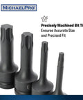 Close-up of four Torx sockets from Eight Piece Half Inch Drive Torx Socket Set From T30 To T70, Impact Grade Chromoly Steel