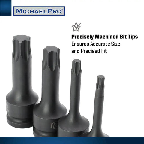 Close-up of four Torx sockets from Eight Piece Half Inch Drive Torx Socket Set From T30 To T70, Impact Grade Chromoly Steel