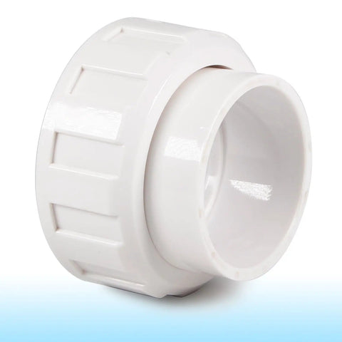 Close-up of white PVC 2 Inch Pump Union Replacement Kit For Hayward Salt Chlorine Generators Slip Spa GLX Cell Union Compatible.
