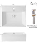 Large White Ceramic Vessel Sink 20x16.5 Inch Wall Mount With Pop Up Drain Kit, front and side view dimensions showing