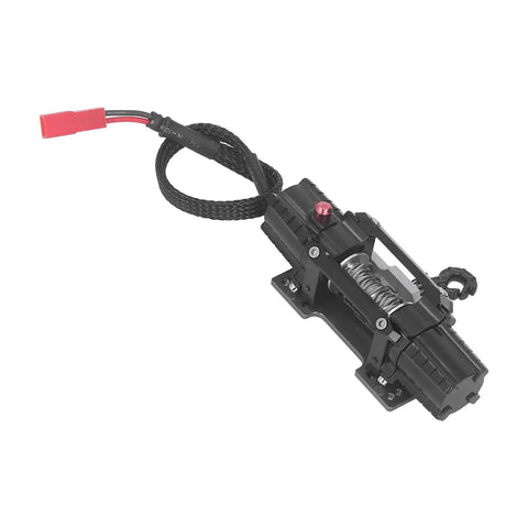 Premium Alloy RC Winch With Dual Motor For Axial Scx10 And D90 1/10 Crawlers, black winch with rope and connector, detailed design.