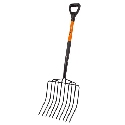 Heavy Duty Garden Pitch Fork With 10 Tines And Wide Head 45 Inch Fiberglass Handle Durable Bedding Fork For Mulching Soil Compost Cleanup Tough Carbon Steel Tines Built For Yard Work