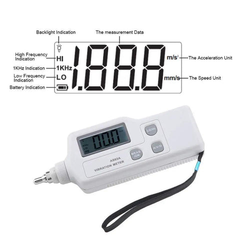 Handheld Vibration Meter With LCD Readout Digital Vibration Tester And Analyzer For Home And Tech Repair Measures Acceleration Velocity And Displacement Portable Vibrometer For Machinery Diagnostics And Maintenance, white plastic body