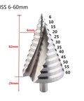 Spiral grooved Top Shelf HSS Step Drill Bit Set showing size markings from 6 to 60 mm, ideal for metal and wood projects.