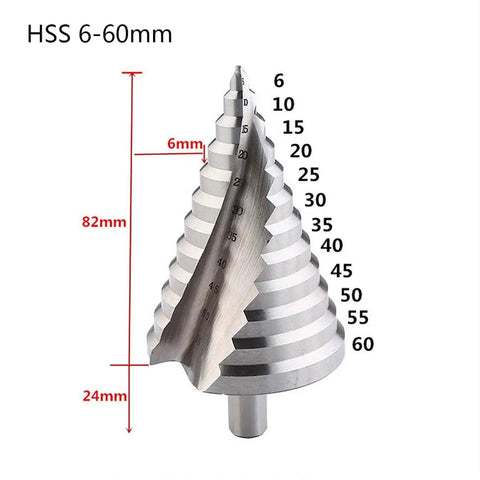 Spiral grooved Top Shelf HSS Step Drill Bit Set showing size markings from 6 to 60 mm, ideal for metal and wood projects.