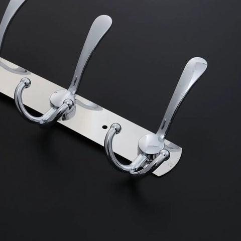 Two Piece Five Hook Wall Mounted Coat Rack Made From Solid Stainless Steel Featuring A Polished Mirror Finish Great For Bathrooms Bedrooms And Hallways A Real Deal Storage Solution close-up of hooks on polished surface