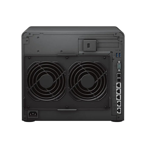Rear view of DS3622XS Plus Network Attached Storage Server showcasing dual fans, ports, and compact design for heavy-duty use.