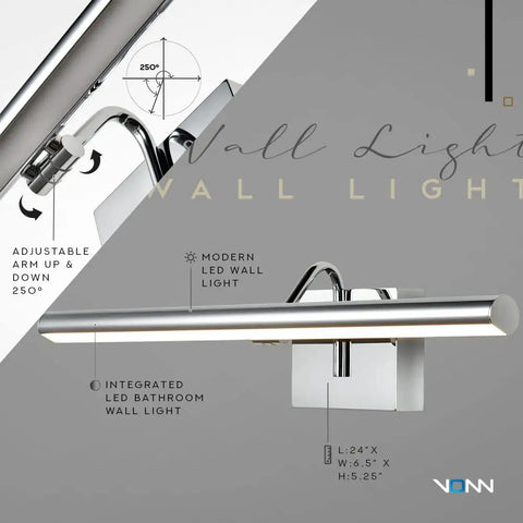 24 Inch Integrated LED Bathroom Wall Light Fixture In Polished Chrome, ETL Certified Vanity Sconce With Up Down Adjustable Light Panel
