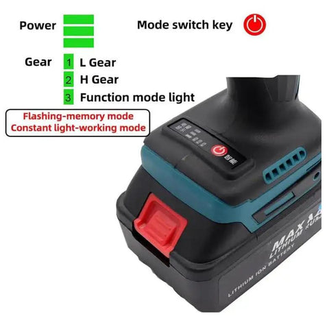 Close-up of the control panel of the Badass Cordless Electric Rivet Gun For M3 Through M12 Nutserts featuring LED indicators and battery settings.