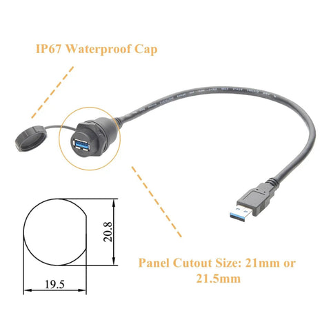 Rugged IP67 USB 3.0 A Male To Female Bulkhead Panel Mount Extension Cable 0.3M Waterproof Cap 5Gbps Data Transfer Diagram