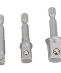 Versatile 3-Piece Power Drill Adapter Socket Set Featuring 1/4, 3/8 And 1/2 Inch Hex Shank To Drive Converters For Impact Drivers Electric Drills And Screwdrivers Tough Stainless Steel Build For Serious DIY And Pro Work This Essential Tool Accessory Kit, three adapters