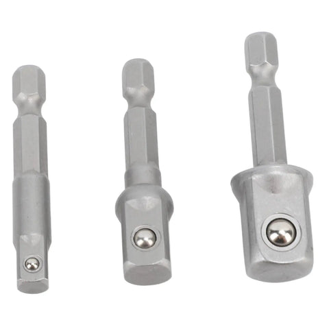 Versatile 3-Piece Power Drill Adapter Socket Set Featuring 1/4, 3/8 And 1/2 Inch Hex Shank To Drive Converters For Impact Drivers Electric Drills And Screwdrivers Tough Stainless Steel Build For Serious DIY And Pro Work This Essential Tool Accessory Kit, three adapters
