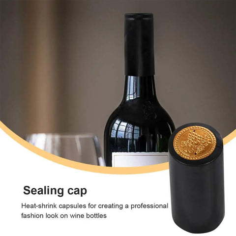 Solid As A Rock Heat Shrink Wine Caps, 150 Pack Black Bottle Sleeves For Home Cellar Projects showing professional sealing cap on a wine bottle.
