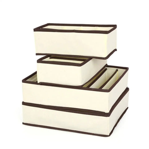 Top Tier Setup For Messy Drawers This Foldable Beige Drawer Organizer features four storage boxes made of soft non woven fabric.