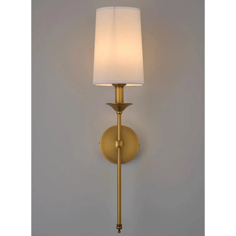 Top Shelf Vintage Antique Brass Wall Sconce Set Of 2 Hardwired Farmhouse Lights With Smooth White Glass Shades mounted on wall.