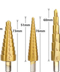 Three Piece Pro Grade Titanium Coated HSS Step Drill Bit Set For Metal Wood Plastic And Aluminum With One Quarter Inch Hex Shank Dual Flute For Clean Holes And Fast, Easy Drilling In Stainless Steel, shown in varying sizes with measurements.