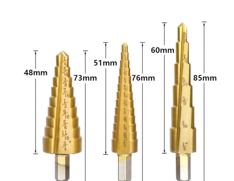 Three Piece Pro Grade Titanium Coated HSS Step Drill Bit Set For Metal Wood Plastic And Aluminum With One Quarter Inch Hex Shank Dual Flute For Clean Holes And Fast, Easy Drilling In Stainless Steel, shown in varying sizes with measurements.