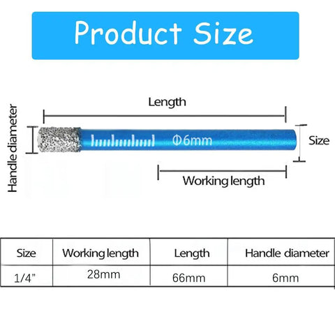 Quarter Inch Diamond Core Drill Bits Set Tile Hole Saw Kit Heavy Duty Vacuum Brazed with size dimensions listed