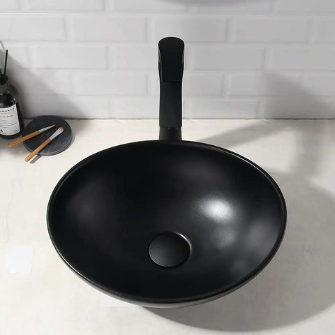 Round Vessel Bathroom Sink With Black Faucet And Pop Up Drain White Porcelain Ceramic Above Counter Vanity Set 16x16 Inch