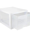 Eight Pack 27 Quart Stacking Drawers For Closet Storage With Clear Front And Sides And White Frame Modular Plastic Organizer, drawer open