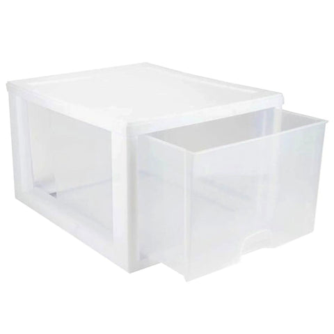 Eight Pack 27 Quart Stacking Drawers For Closet Storage With Clear Front And Sides And White Frame Modular Plastic Organizer, drawer open