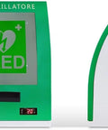 Front view of green steel AED defibrillator storage cabinet with key lock and digital display