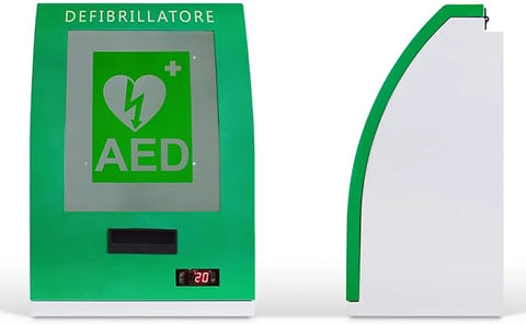 Front view of green steel AED defibrillator storage cabinet with key lock and digital display