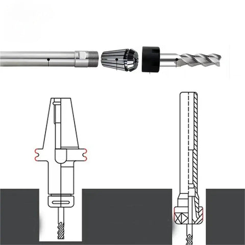 Heavy Duty ER Collet Extension Rod To Lengthen Your Milling Setup For Precision Work With C8 Through C40 Sizes Including ER8 And Up, showing detailed assembly and components.