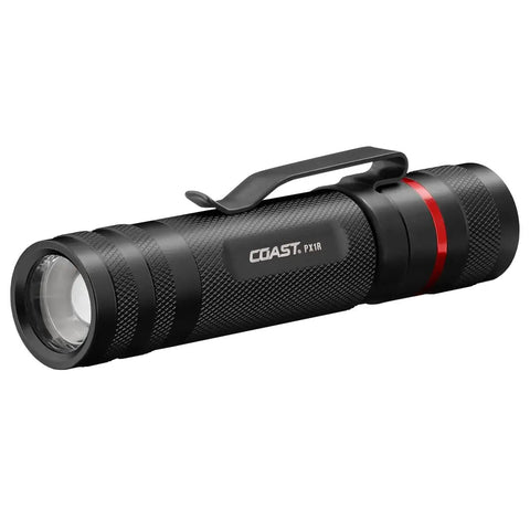 Hella Bright 1000 Lumen Rechargeable LED Flashlight With Twist Focus, durable black design with belt clip, USB AC DC recharging option.