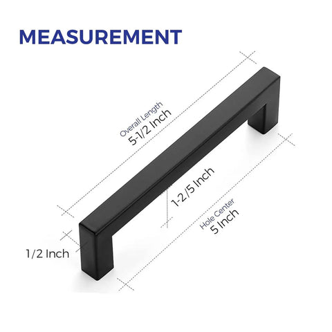 Black 5 Inch Square Cabinet Pulls 60 Pack Stainless Steel Kitchen Drawer Handles with measurements displayed