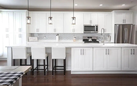 Built Tough White Shaker Wall Cabinet Featuring Two Doors And Super Smooth Soft Close Drawers Ready To Assemble in a modern kitchen.