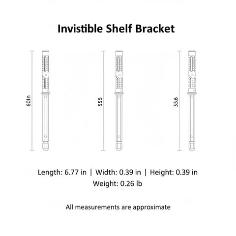 Diagram of Ultra Slim Low Profile Hidden Floating Shelf Bracket measurements and dimensions for 6.8 Inch Wood Boards