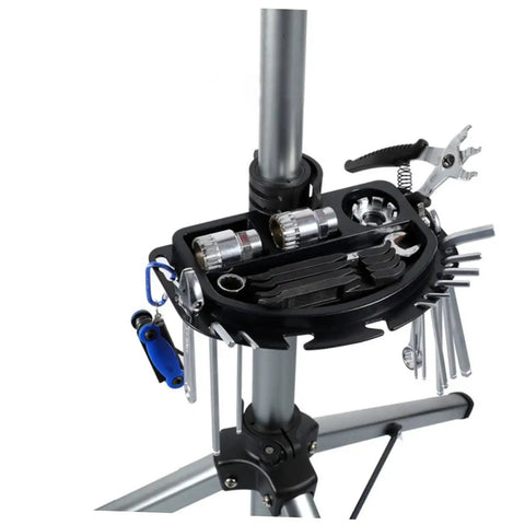 Portable Bike Repair Tray With Multi-Grid Tool Organizer, Mountable Workstand Pallet For Bicycle Maintenance with tools.