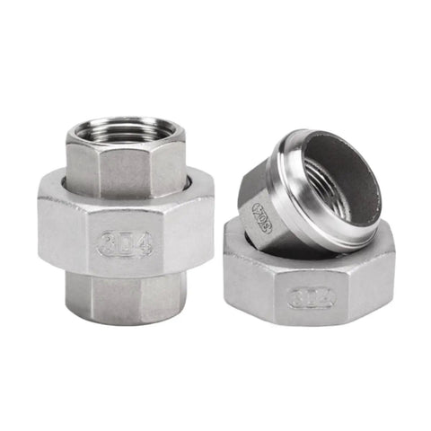 No Sweat SS316 Stainless Steel BSPT Female Female Union Coupler Spherical Hard Seal Pipe Fittings displayed at various angles.