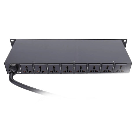 Straight Up Workhorse Power Sequencer With Ten Secure Outlets And Clear Digital Voltage Display Built From Heavy Duty Aluminum Alloy For Zero Hassle Rack Installation view from rear showing ten AC outlets and power cable.
