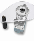 Score Your Shop Upgrade With This Six By Nine Inch Clear Acrylic Router Base Plate Built Straight For Makita Compact Models Featuring Pre Drilled Mounting Holes And Three Eighth Inch Thickness For Rock Solid Precision Woodworking showing a clear acrylic router base with a black grip handle.