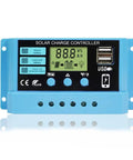 Front view of 30A PWM Solar Charge Controller For 12V/24V Systems With LCD display, dual USB output, compatible with various batteries