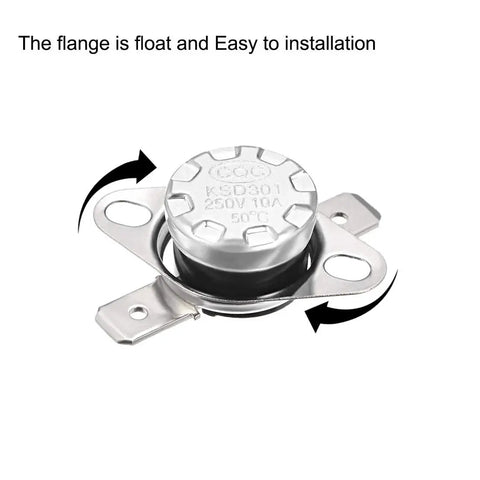 Snap Disc Thermostat Switch KSD301 50 Degree Celsius 10A Normally Open with 6.3mm pins in bakelite housing, front view