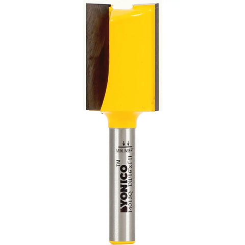 Premium Straight Router Bit With 11 16 Inch Cut Diameter And One Inch Height Featuring A Quarter Inch Shank, showing carbide tip.