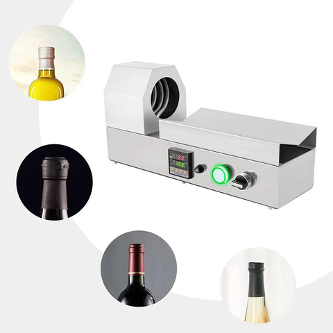 Hassel Free Electric Heat Shrink Wrapping Machine With Digital Thermostat Control seals PVC capsules on various bottles.