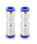 Pair of push to connect inline check valve union fittings for 8mm tubing, nickel-plated brass and plastic, air and vacuum use.