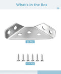 Beefy Built To Last 24 Pack Stainless Steel Corner Braces Set for Cabinets and Shelves, shown with screws, multi-hole design.
